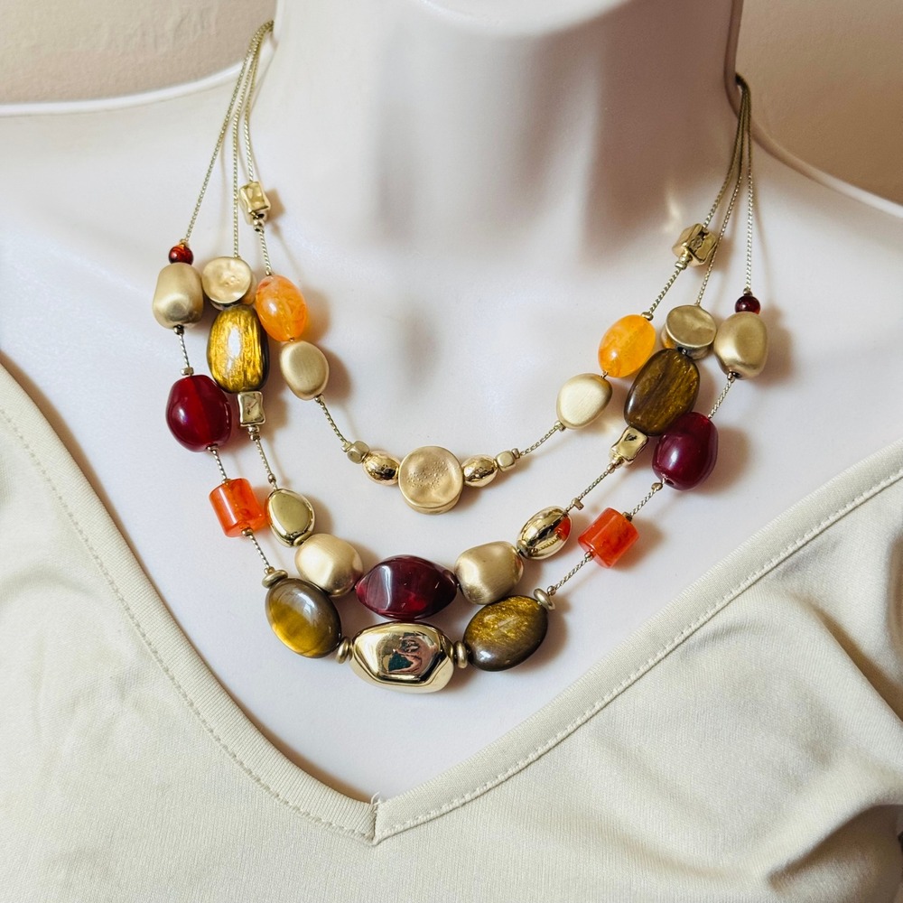 Chico's Beaded Triple Strand Necklace Statement Colorful beads Silver Chicos 20"